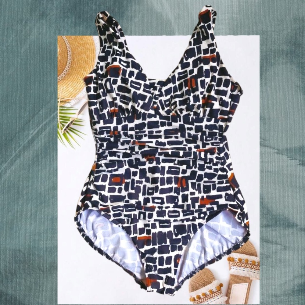 Vintage Lands’ End Tummy Control Geometric Vacation Resort One Piece Swim Suit